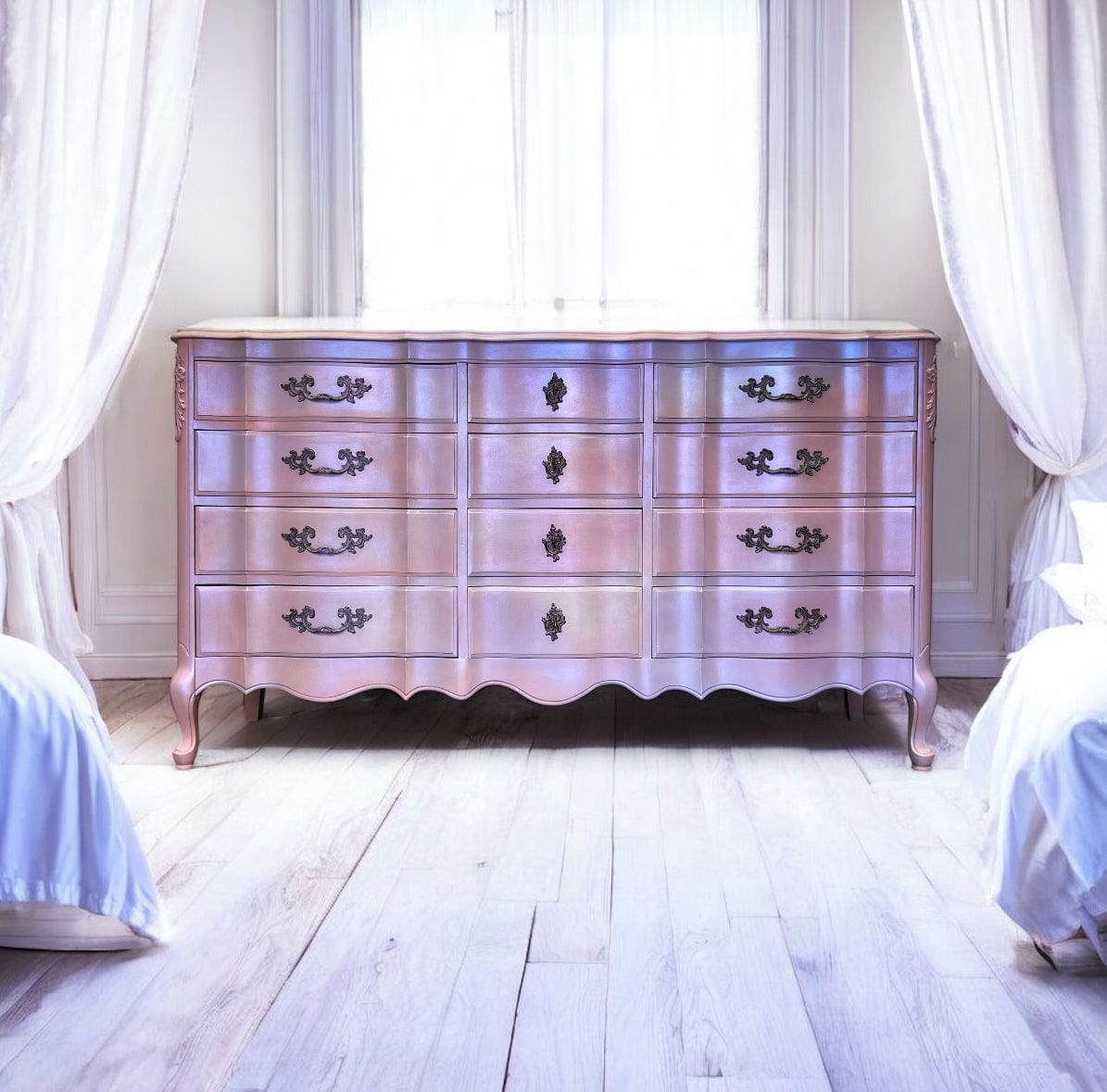Iridescent Color Shifting Pink French Provincial Dresser – Hand-Painted One of a Kind Iridescent Color Shifting Pink French Provincial Dresser – Hand-Painted One of a Kind