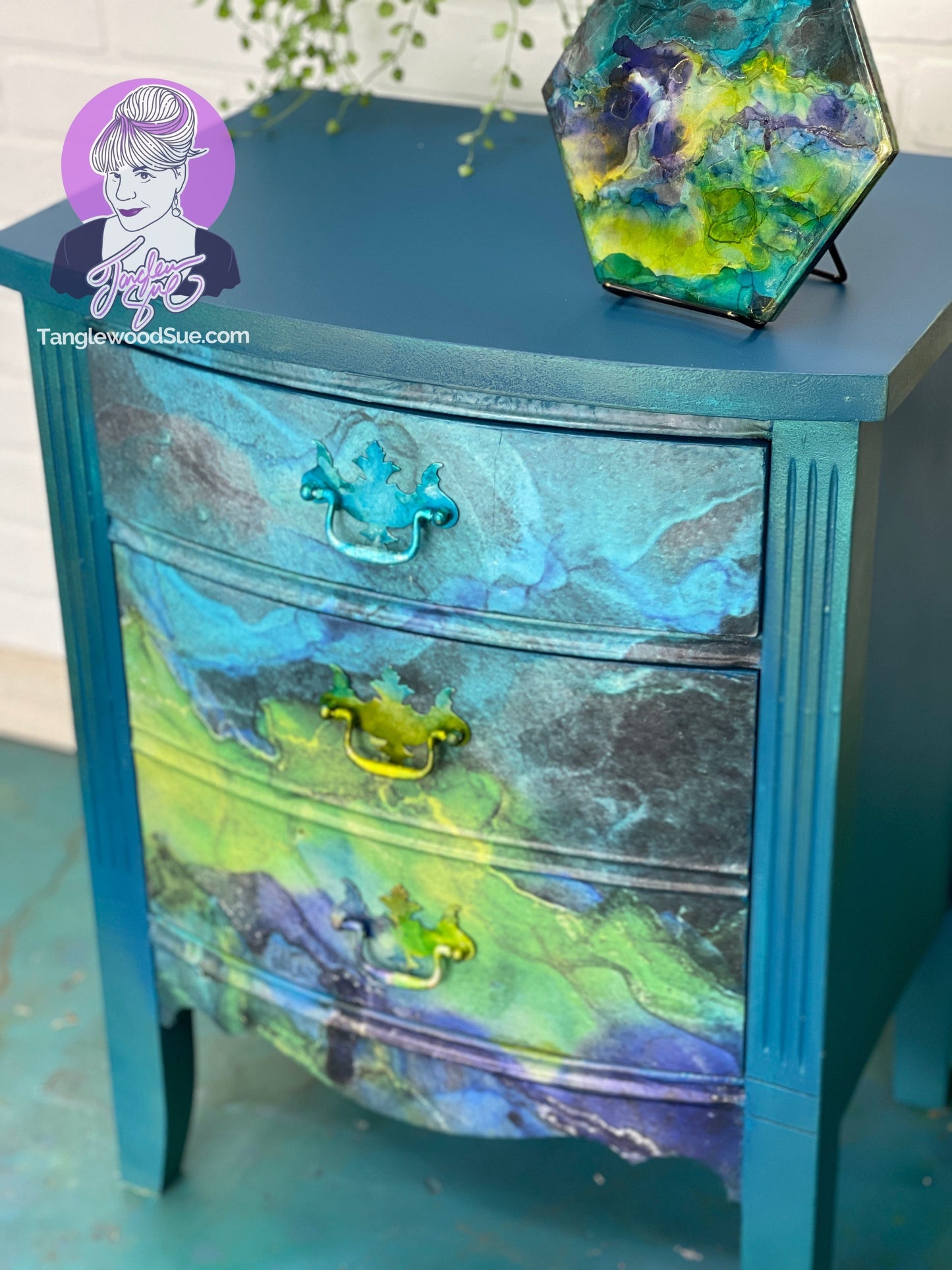 Tanglewood Works Decoupaged Turquoise Alcohol Ink Nightstand