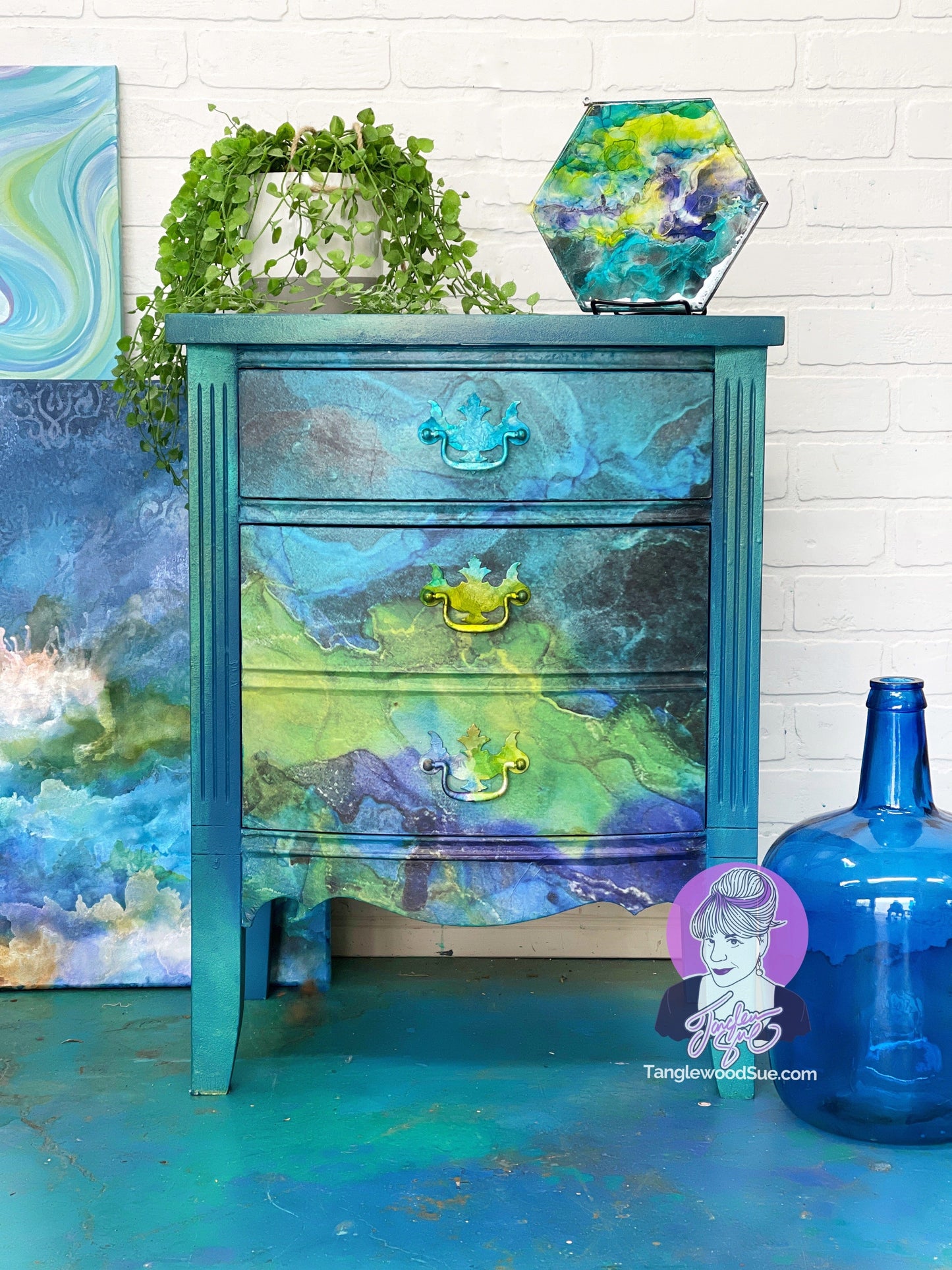 Tanglewood Works Decoupaged Turquoise Alcohol Ink Nightstand