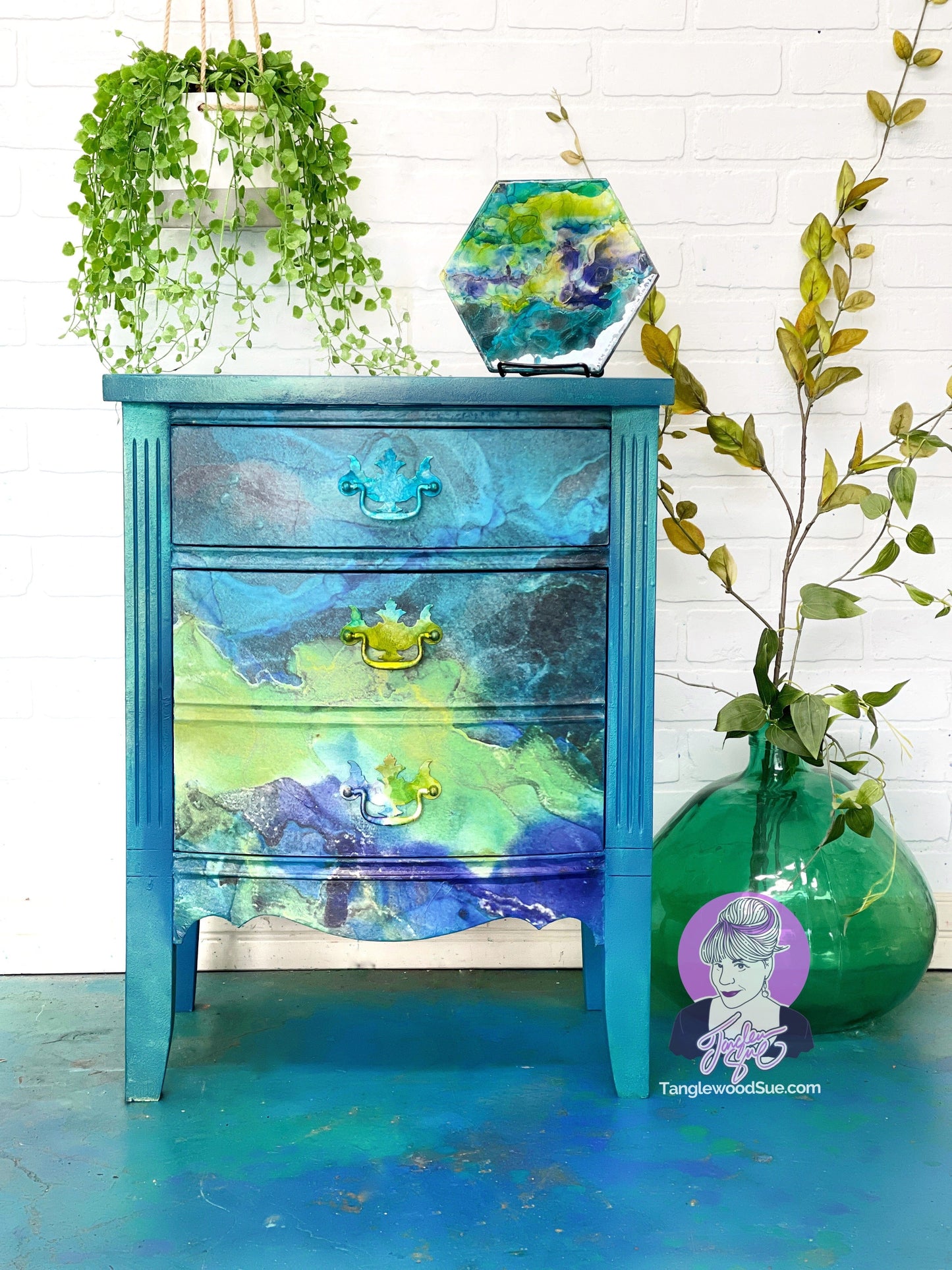 Tanglewood Works Decoupaged Turquoise Alcohol Ink Nightstand