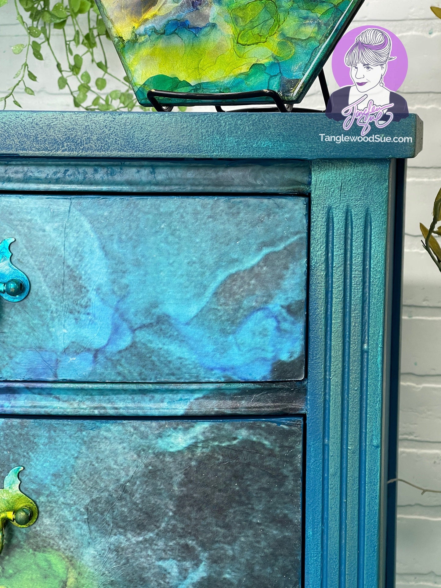 Tanglewood Works Decoupaged Turquoise Alcohol Ink Nightstand