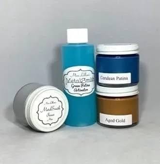 Miss Lillians Chock Paint Metal Reactive Paint MetalSmith Mini Sampler Sets - Cerulean Patina, Aged Gold, Green Spray