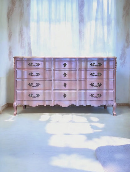 Iridescent Color Shifting Pink French Provincial Dresser – Hand-Painted One of a Kind