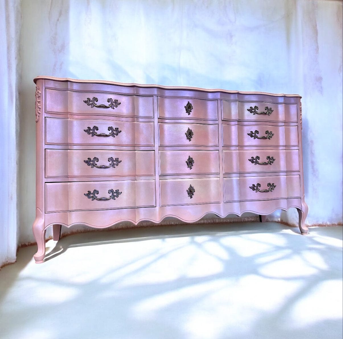 Tanglewood Works Hand Painted Furniture Iridescent Color Shifting Pink French Provincial Dresser – Hand-Painted One of a Kind Iridescent Color Shifting Pink French Provincial Dresser – Hand-Painted One of a Kind