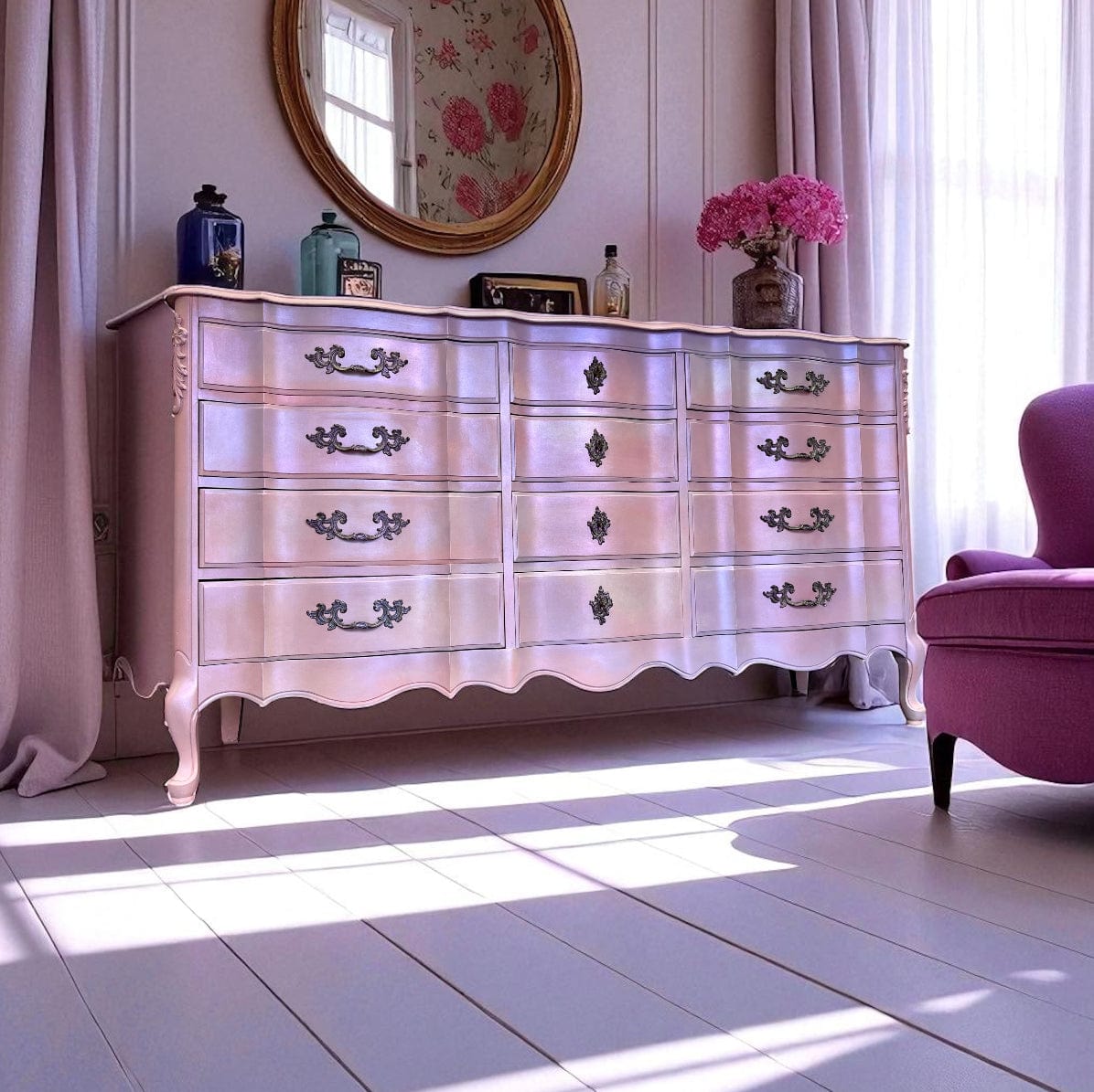 Tanglewood Works Hand Painted Furniture Iridescent Color Shifting Pink French Provincial Dresser – Hand-Painted One of a Kind Iridescent Color Shifting Pink French Provincial Dresser – Hand-Painted One of a Kind