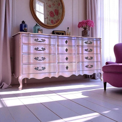 Tanglewood Works Hand Painted Furniture Iridescent Color Shifting Pink French Provincial Dresser – Hand-Painted One of a Kind Iridescent Color Shifting Pink French Provincial Dresser – Hand-Painted One of a Kind