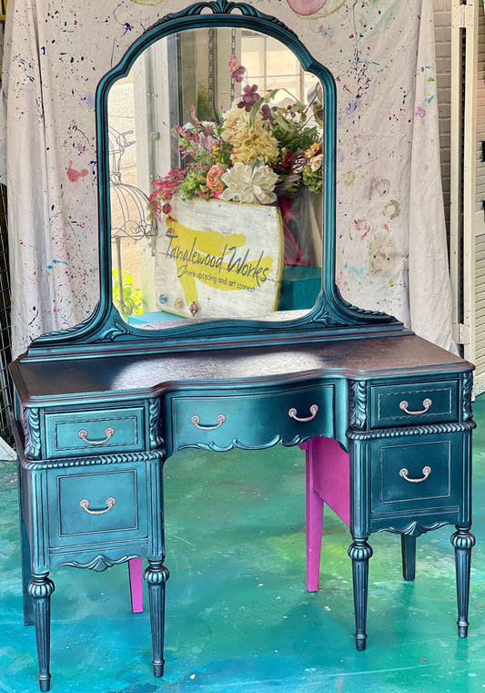 Tanglewood Works Hand Painted Furniture Viral Vanity Moody Makeover in Metallic Blue, Green & Lavender