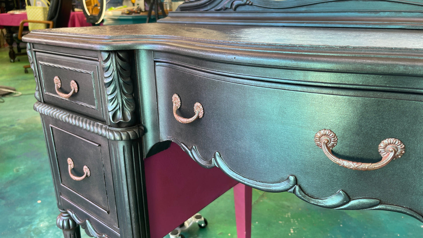 Tanglewood Works Hand Painted Furniture Viral Vanity Moody Makeover in Metallic Blue, Green & Lavender