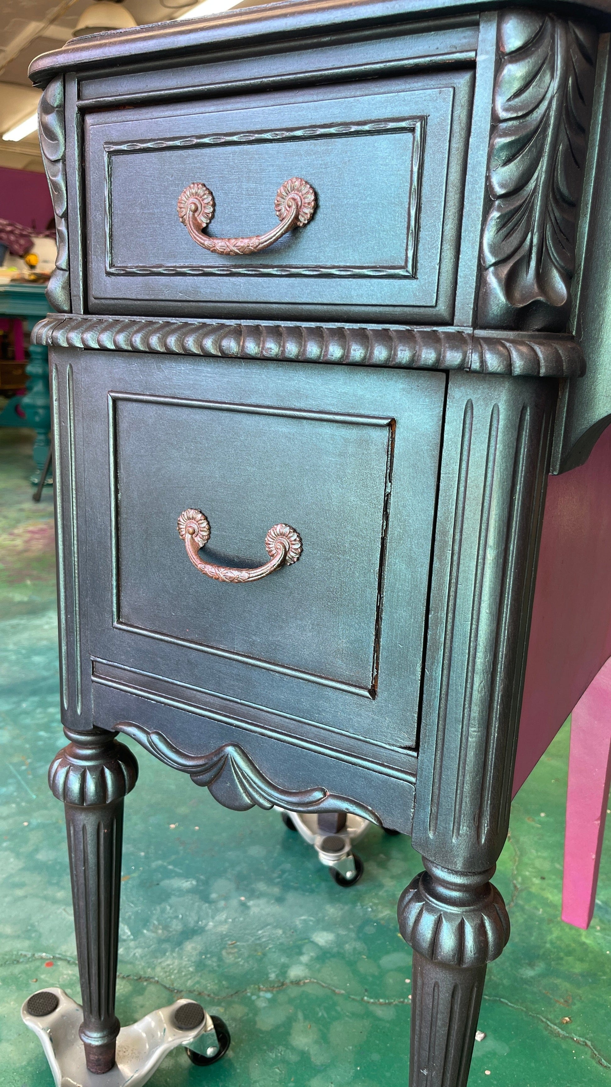 Tanglewood Works Hand Painted Furniture Viral Vanity Moody Makeover in Metallic Blue, Green & Lavender