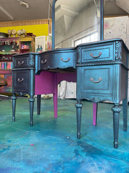 Tanglewood Works Hand Painted Furniture Viral Vanity Moody Makeover in Metallic Blue, Green & Lavender