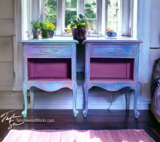 Tanglewood Works Hand Painted Vintage Nightstands (blue, purple and pink)