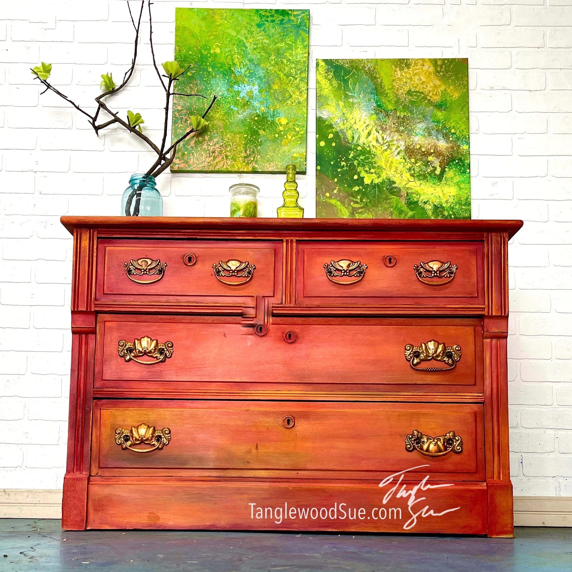 orange painted dresser Hand Painted Floral Tall Dresser Bone Inlay Furniture